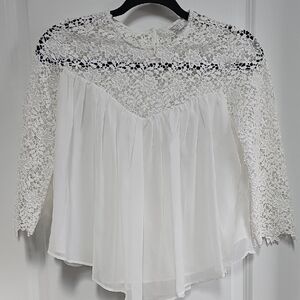 Zara White Lace Pleated 3/4 Sleeve Blouse